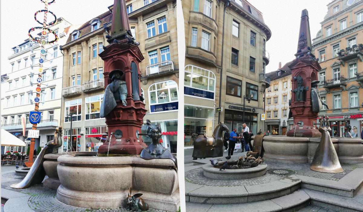 Констанц: німецьке місто з дивакуватими скульптурами на неосяжному Боденському озері 18 Фонтан "Кайзербрюннен" в Констанці / колаж D.UA, фото Марина Григоренко