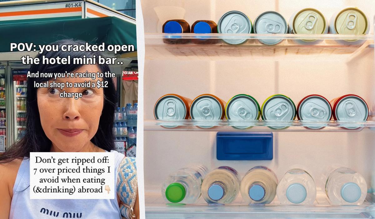 Напої в мінібарах готелів завжди коштують несправедливо дорого / колаж D.UA, фото instagram.com/carmenroberts_travels, ua.depositphotos.com